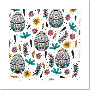 Easter seamless pattern with eggs and flowers. Posters and Art